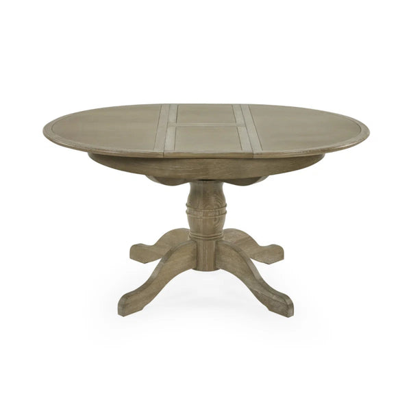 Round wooden table with pedestal base on a white background