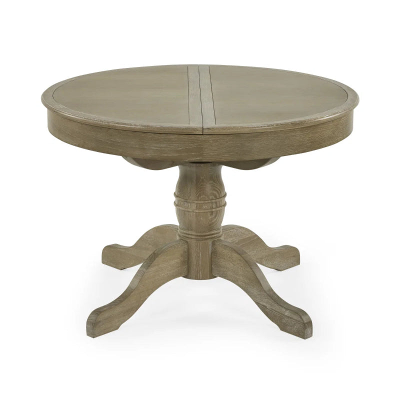Round wooden table with a pedestal base on a white background