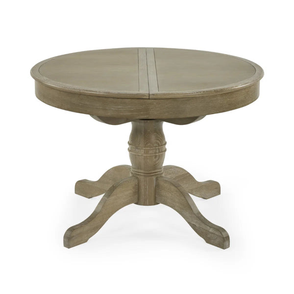 Round wooden table with a pedestal base on a white background