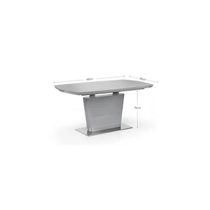 Gray dining table with dimensions on a white background