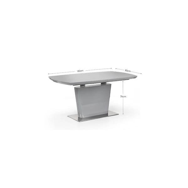 Gray dining table with dimensions on a white background