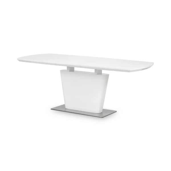 White dining table with a modern design on a white background
