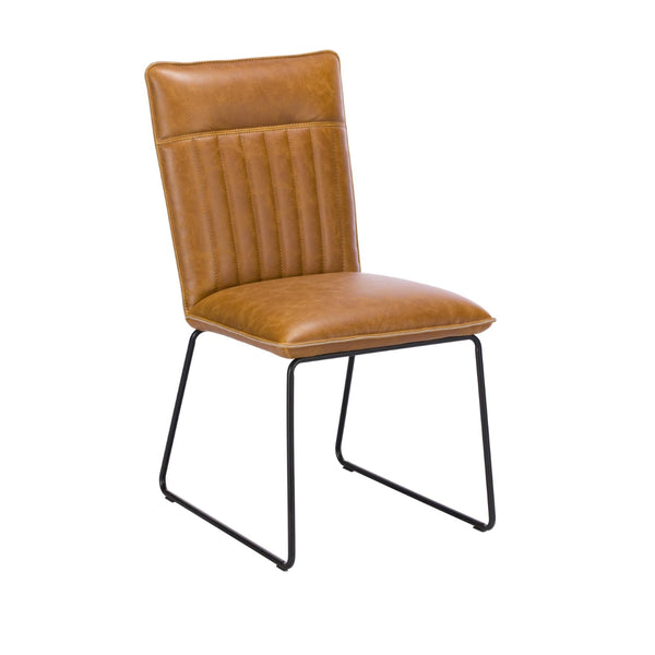 Brown leather chair with black metal legs on a white background