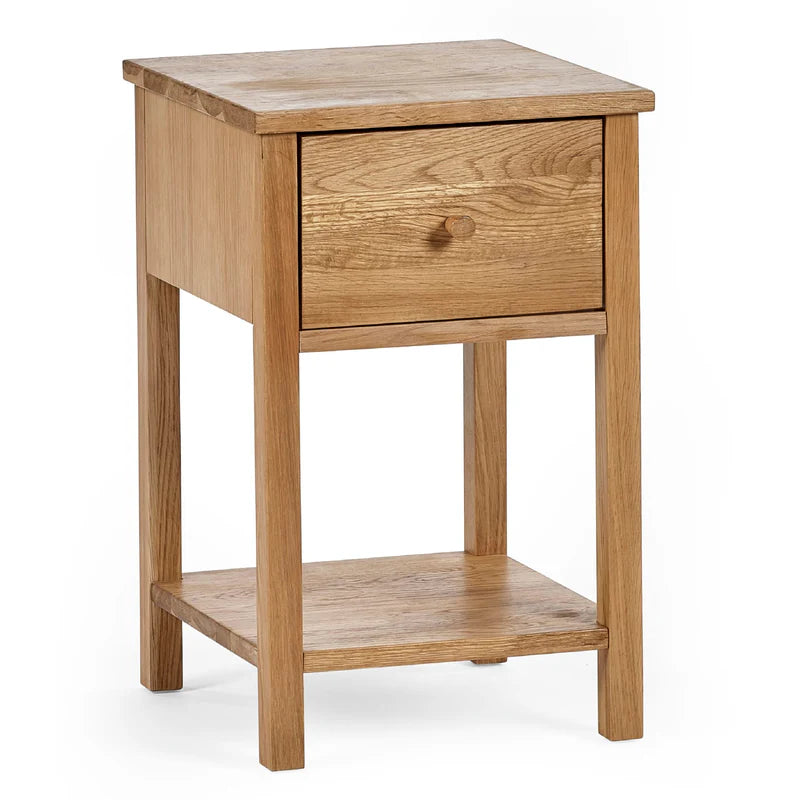 Wooden side table with a drawer on a white background