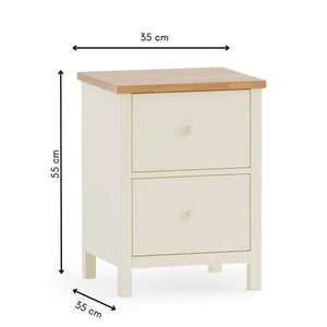 White nightstand with wooden top and dimensions labeled
