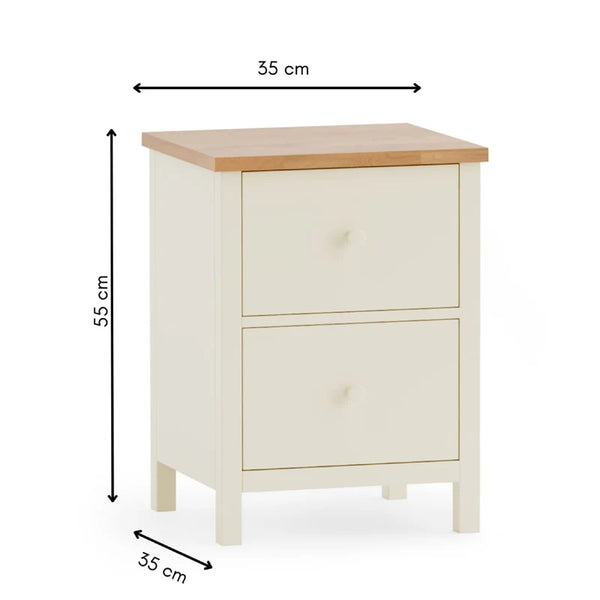 White nightstand with wooden top and dimensions labeled