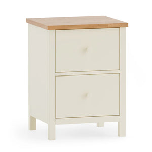 White nightstand with a wooden top on a white background