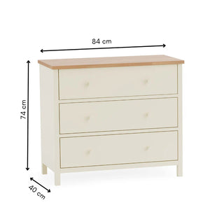 White dresser with dimensions labeled on a white background