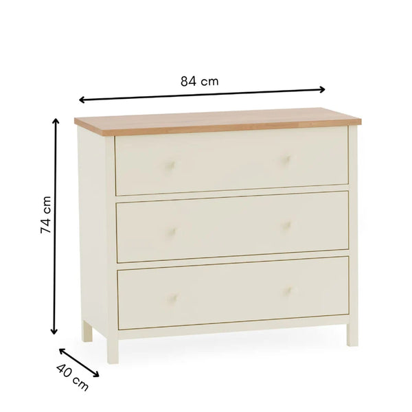 White dresser with dimensions labeled on a white background