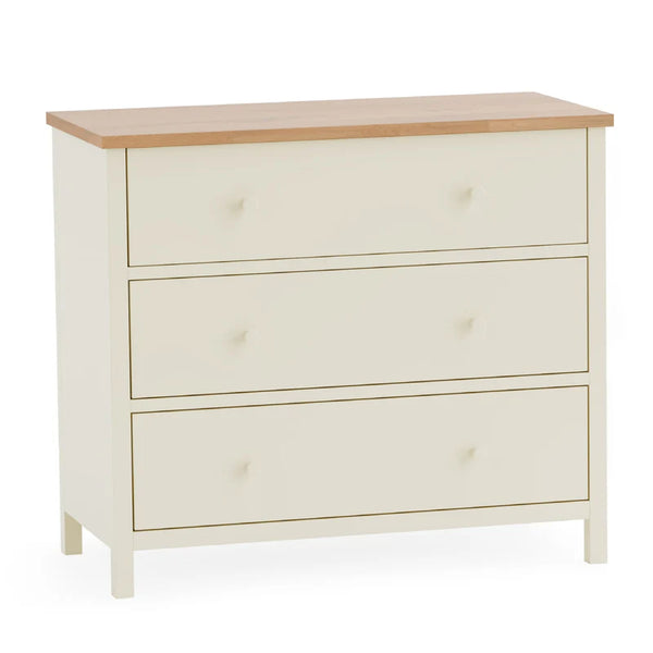 White dresser with wooden top on a white background