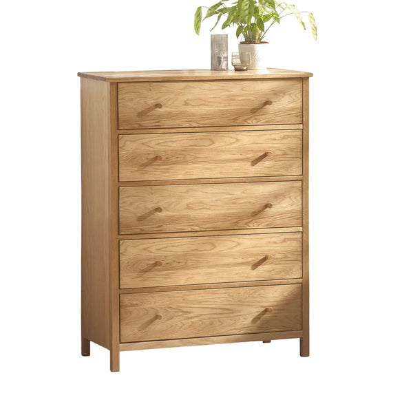 Wooden dresser with five drawers on a white background