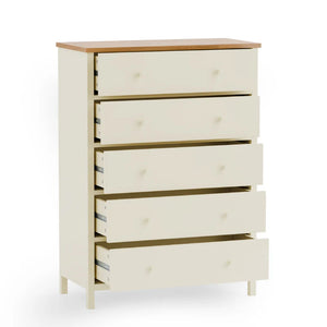 Wooden dresser with five drawers on a white background