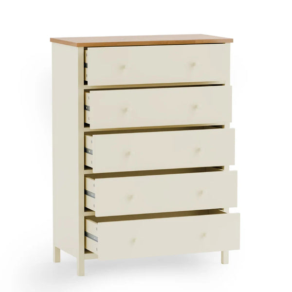 Wooden dresser with five drawers on a white background