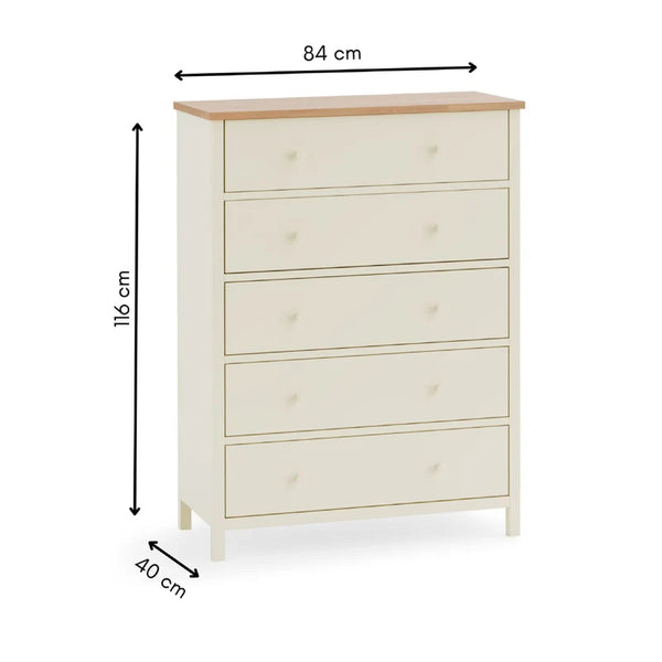 White dresser with dimensions on a white background