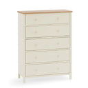 White dresser with five drawers and a wooden top on a white background