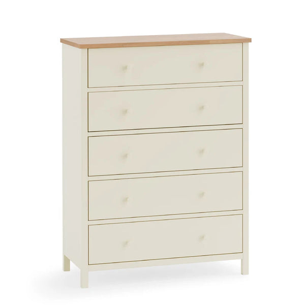 White dresser with five drawers and a wooden top on a white background