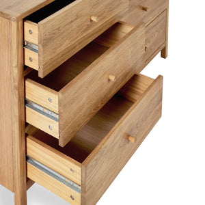 Wooden dresser with open drawers on a white background