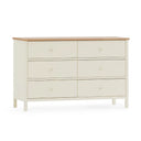 White dresser with wooden top on a white background