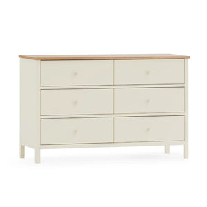White dresser with wooden top on a white background