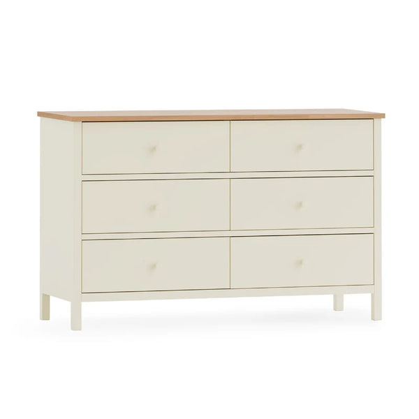 White dresser with wooden top on a white background