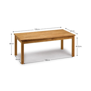 Wooden table with dimensions labeled on a white background