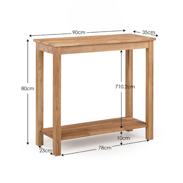 Wooden console table with dimensions labeled on a white background