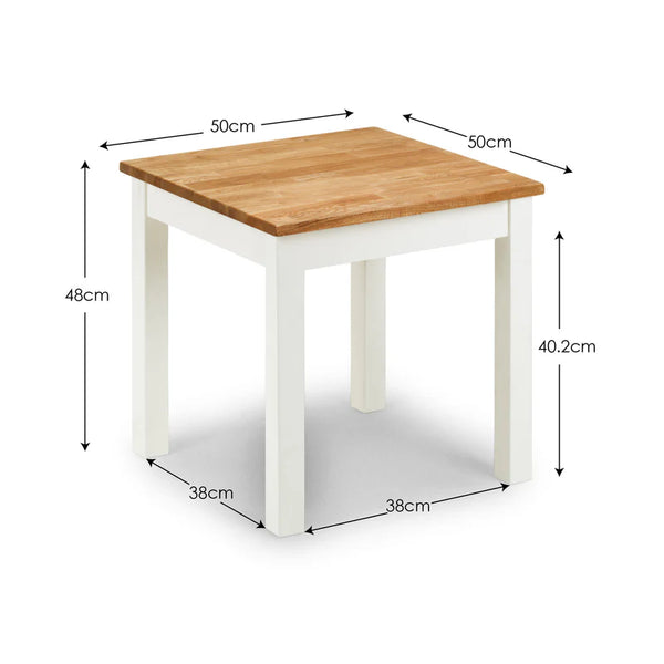 Small table with dimensions labeled on a white background