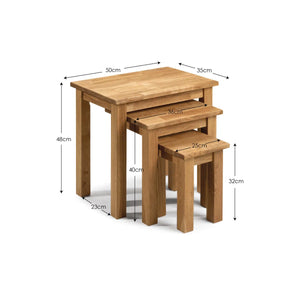 Set of three wooden nesting tables with dimensions on a white background