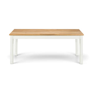 Rectangular table with wooden top and white legs on a white background