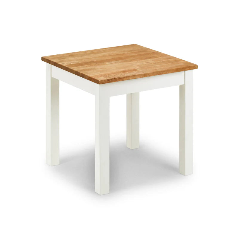 Small table with wooden top and white base on a white background