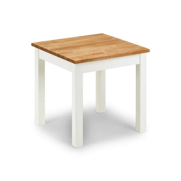 Small table with wooden top and white base on a white background