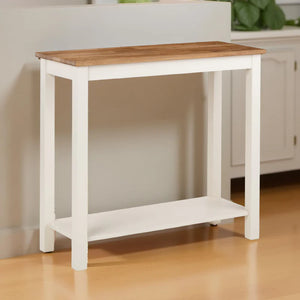 Small wooden table with white base in a room setting