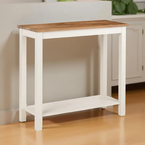 Small wooden table with white base in a room setting