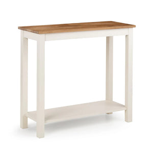 Small table with a wooden top and white base on a white background