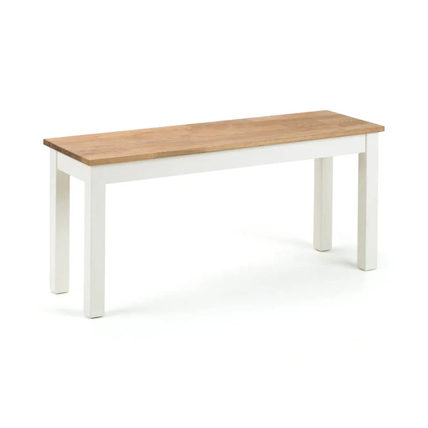 Dining table with wooden top and white base on a white background