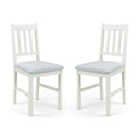 Two white chairs with light gray cushions on a white background