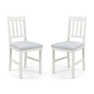 Two white chairs with light gray cushions on a white background