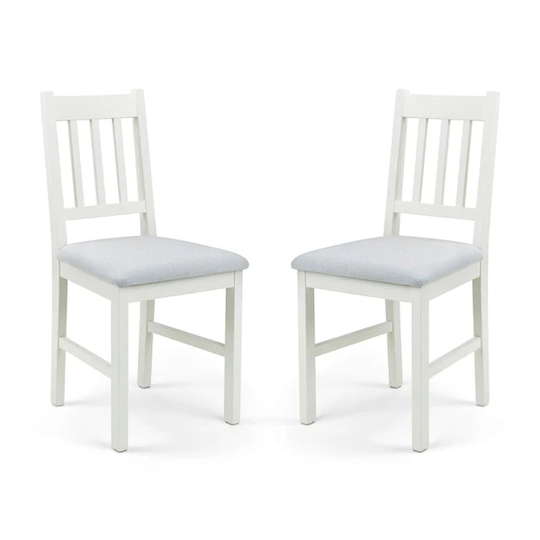 Two white chairs with light gray cushions on a white background