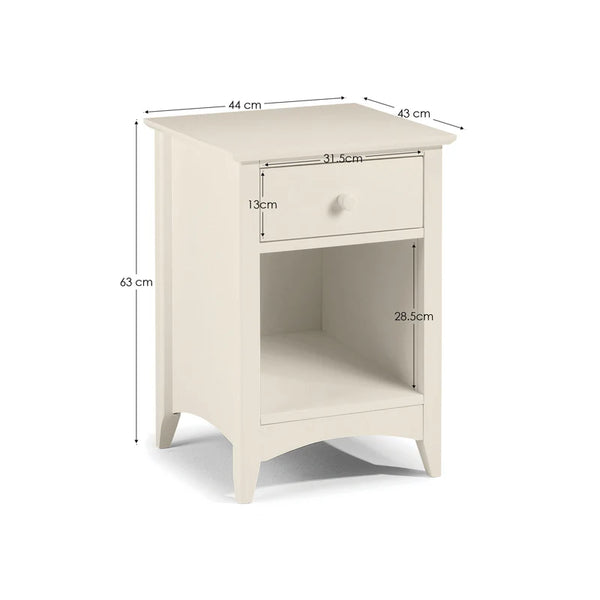White nightstand with dimensions labeled on a white background
