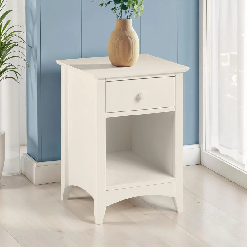 White nightstand with a drawer on a white background