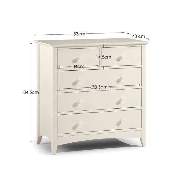 White dresser with dimensions labeled on a white background
