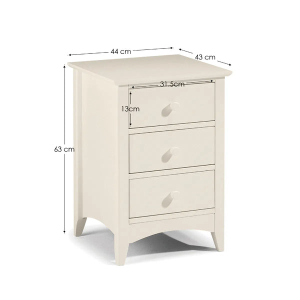 White nightstand with dimensions labeled on a white background