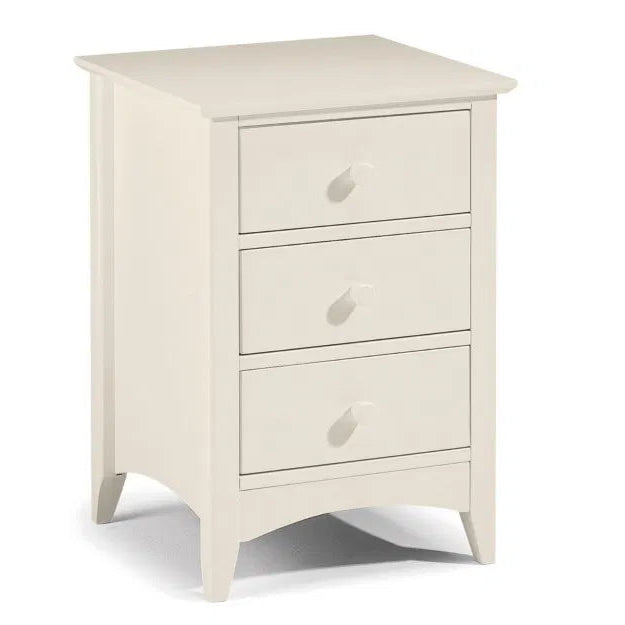 White three-drawer nightstand on a white background