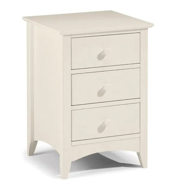 White three-drawer nightstand on a white background