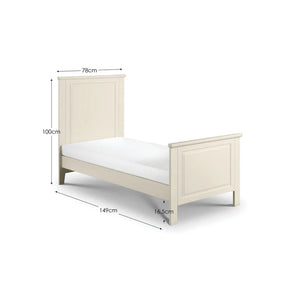 White bed frame with dimensions on a white background