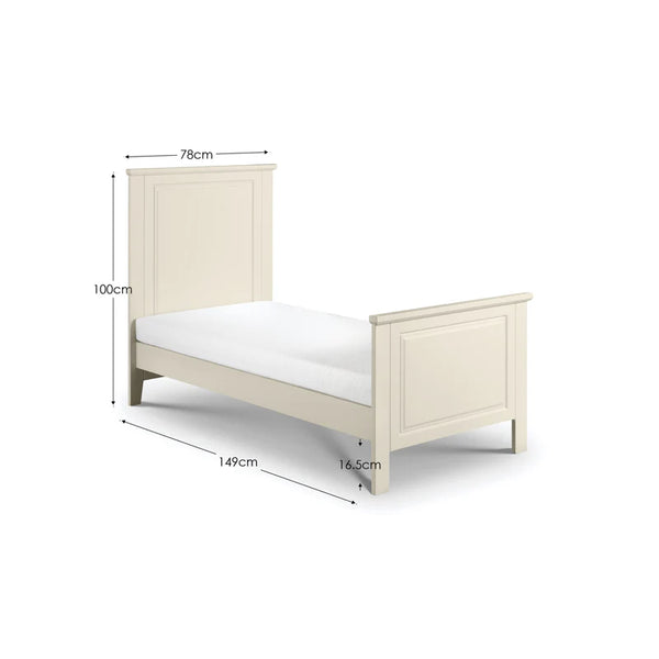 White bed frame with dimensions on a white background