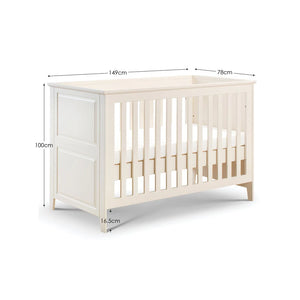 White crib with dimensions labeled on a white background
