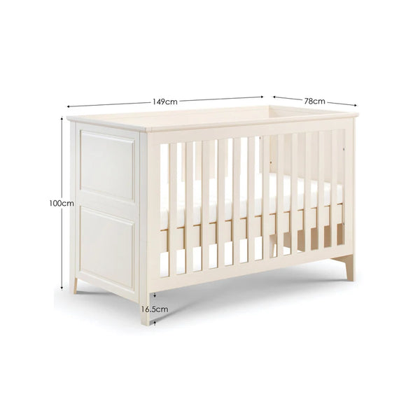 White crib with dimensions labeled on a white background