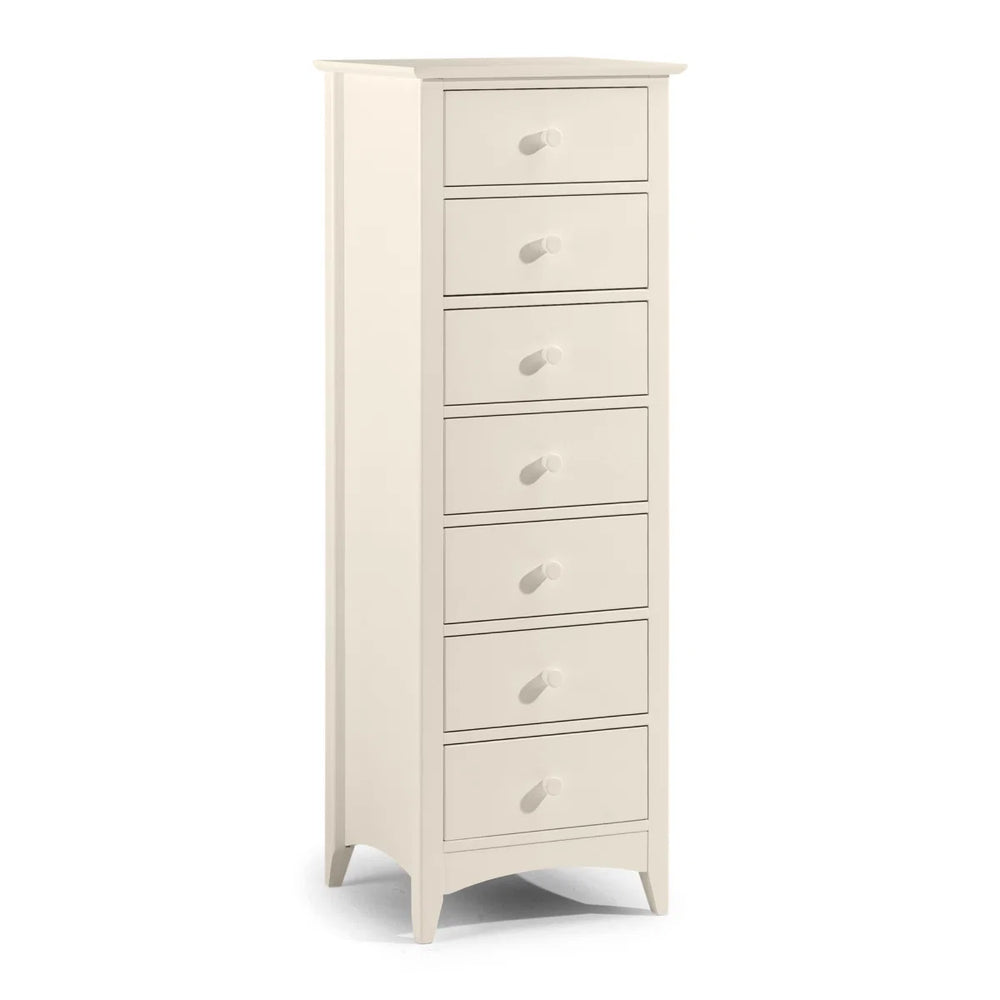 White tall chest of drawers with multiple drawers on a white background