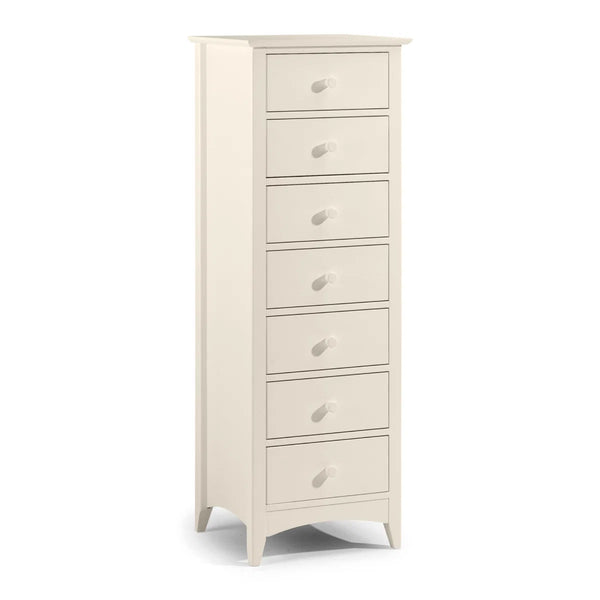 White tall chest of drawers with multiple drawers on a white background